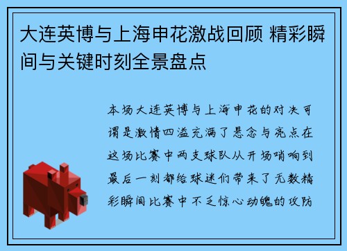 大连英博与上海申花激战回顾 精彩瞬间与关键时刻全景盘点